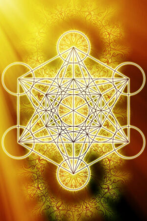 Merkaba and mandala on abstract color background. Sacred geometry. Sun light effect